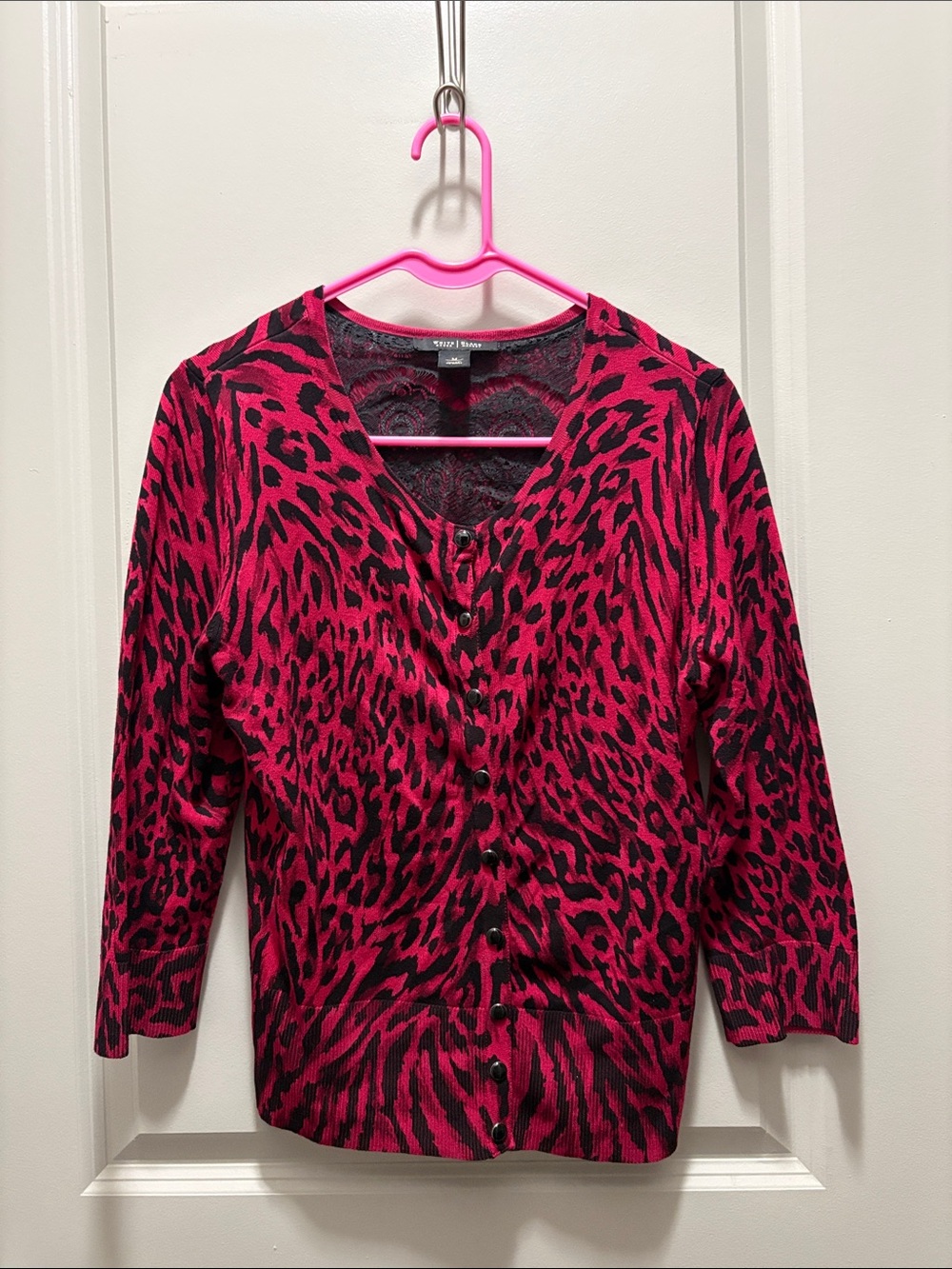 White House Black Market Red and Black Animal-Print Cardigan